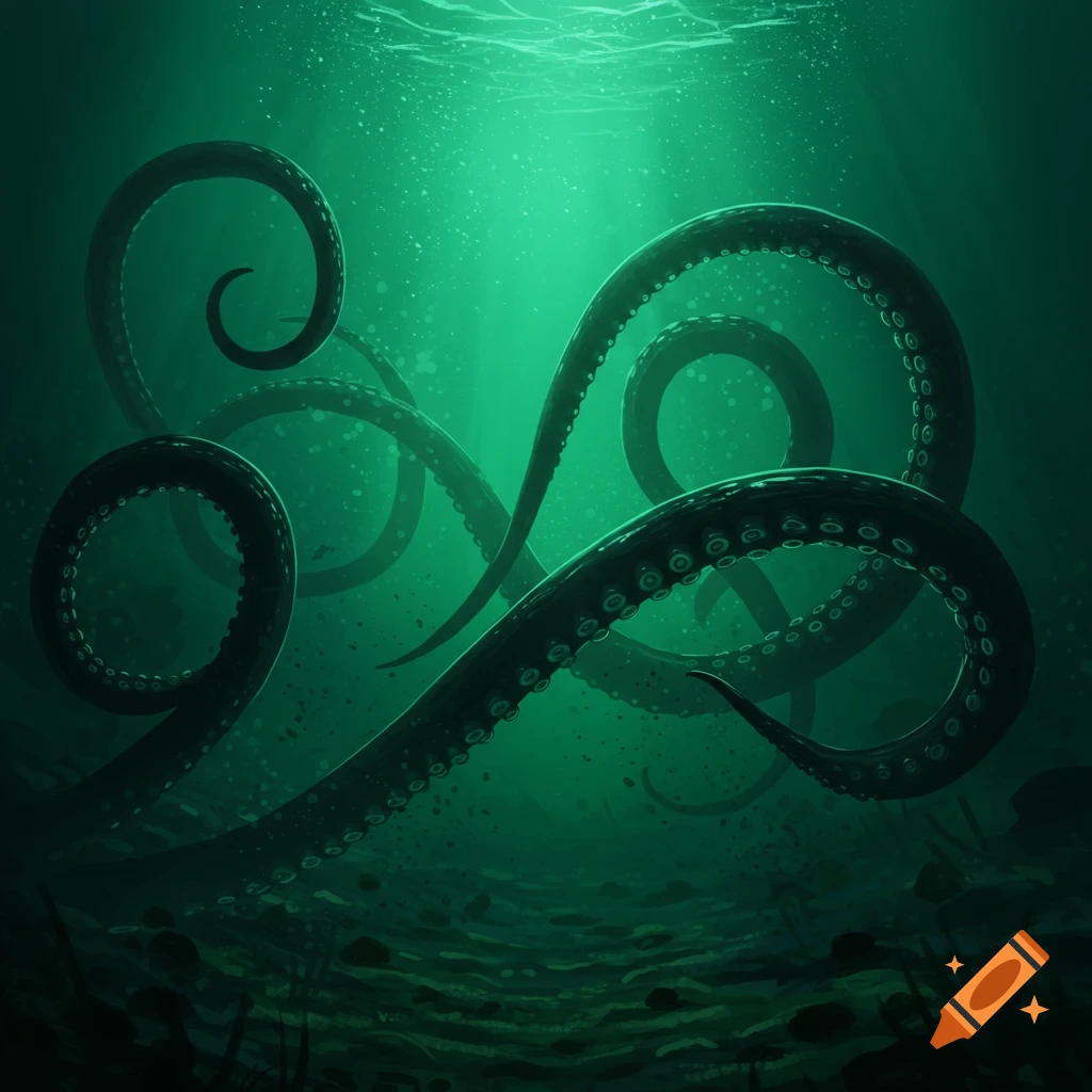 Several dark, swirling tentacles rise from mysterious, green-lit deep water.