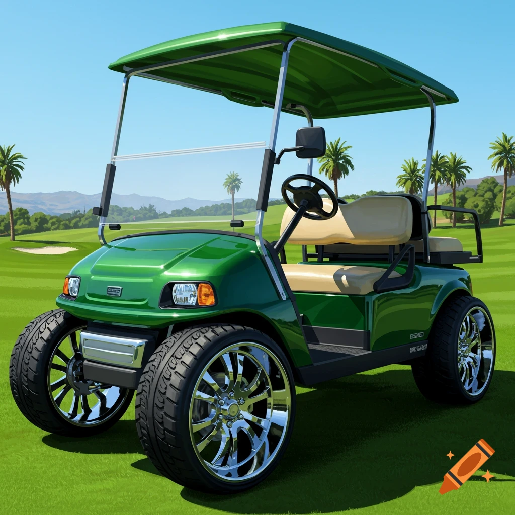 A vibrant green golf cart with large, shiny chrome rims is parked on a lush green golf course under a clear blue sky, with palm trees and hills in the background.