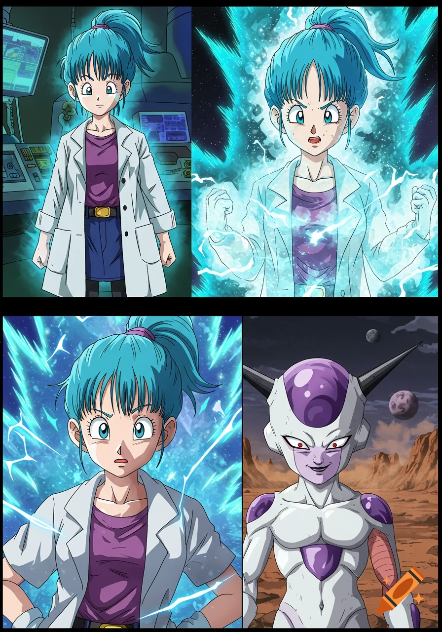 A 4-panel comic shows Bulma from Dragon Ball powering up with a blue aura in the first three panels, followed by Frieza smiling on an alien planet in the last panel.