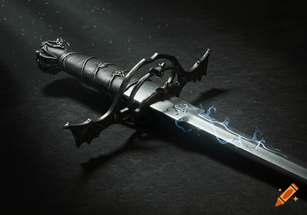 A detailed Pappenheimer-hilt rapier with bat-wing guards, a skull-like pommel, and an engraved blade glowing faint cold blue.