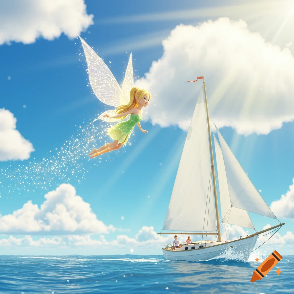An animated fairy with glittery wings flies above a white sailboat on a sunny blue sea with clouds.