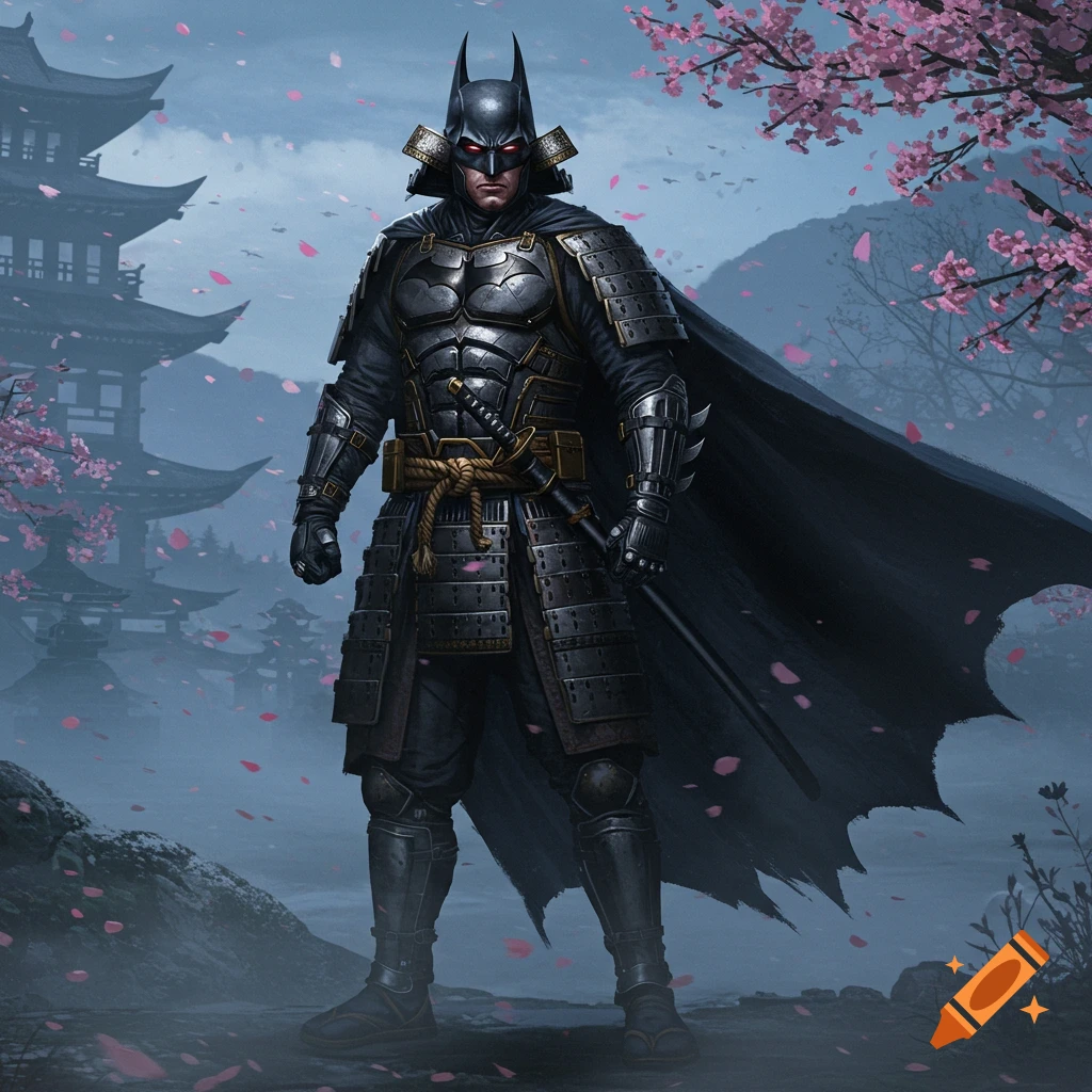 Batman in samurai armor stands in a Japanese landscape with cherry blossoms and pagodas.