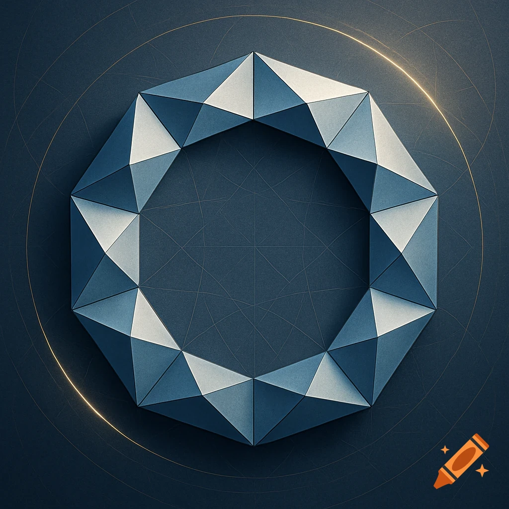 An abstract 11-sided geometric polygon made of blue and white triangles, centered on a dark blue background with a golden glow.