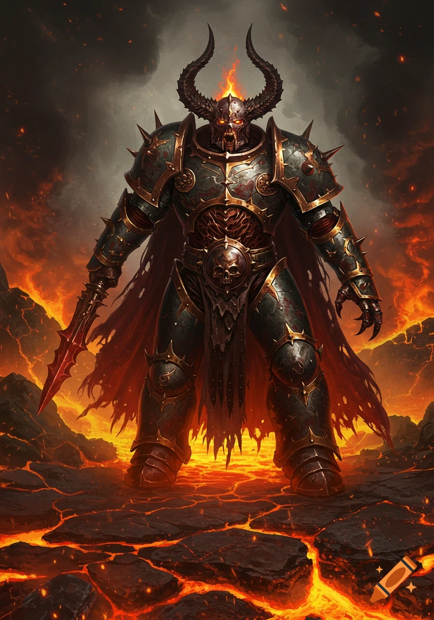 A horned, armored demon with glowing eyes stands on cracked lava, holding a spiked weapon in a dark, fiery landscape.