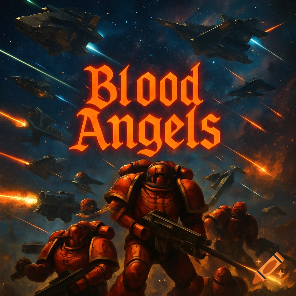 A dynamic space battle features red-armored Blood Angels soldiers and various spaceships firing lasers amidst stars, with prominent orange text 'Blood Angels'.