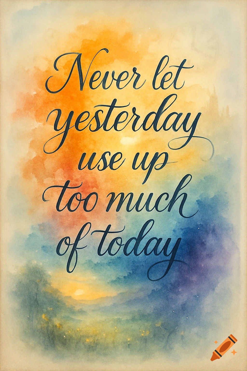 A watercolor illustration of the quote "Never let yesterday use up too much of today" in elegant script over a vibrant sunset and landscape.