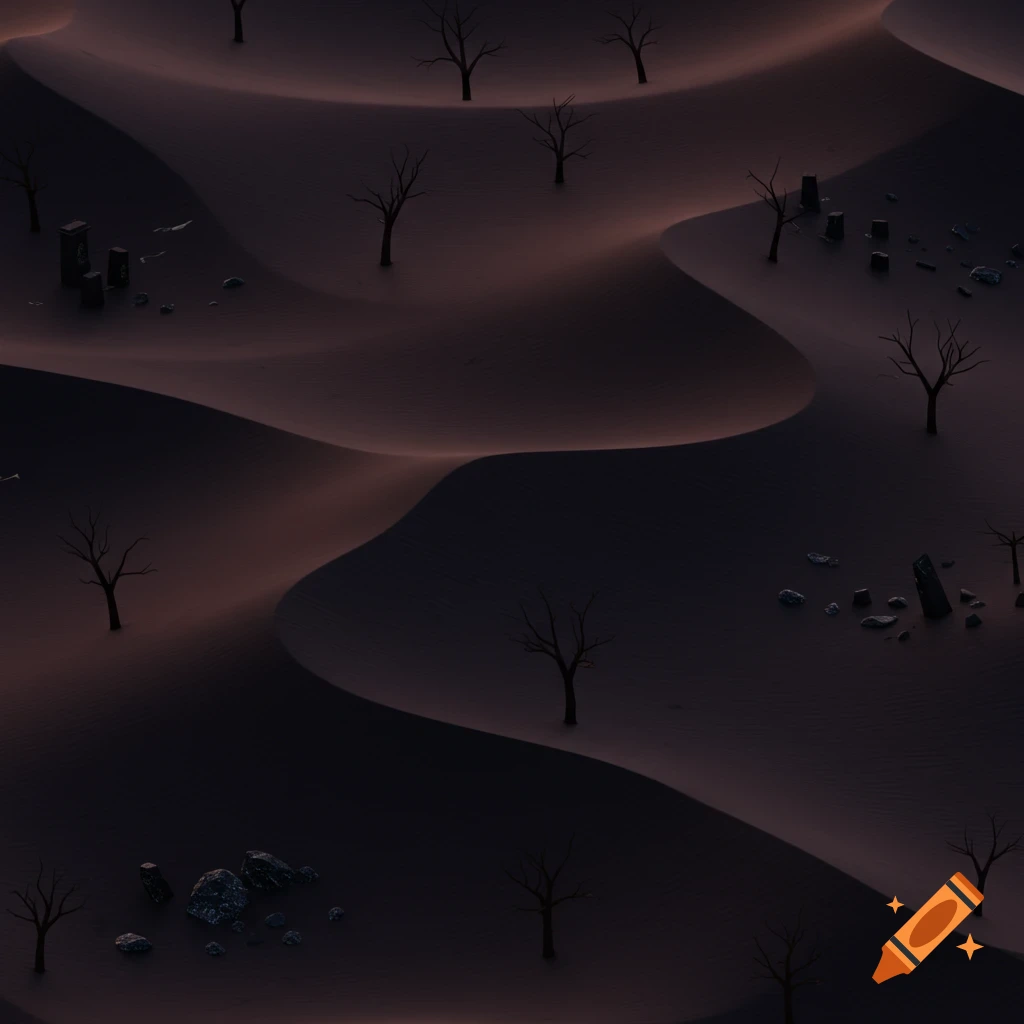 An isometric view of a desolate, dark desert with undulating sand dunes, barren trees, and scattered rocks under dim light.