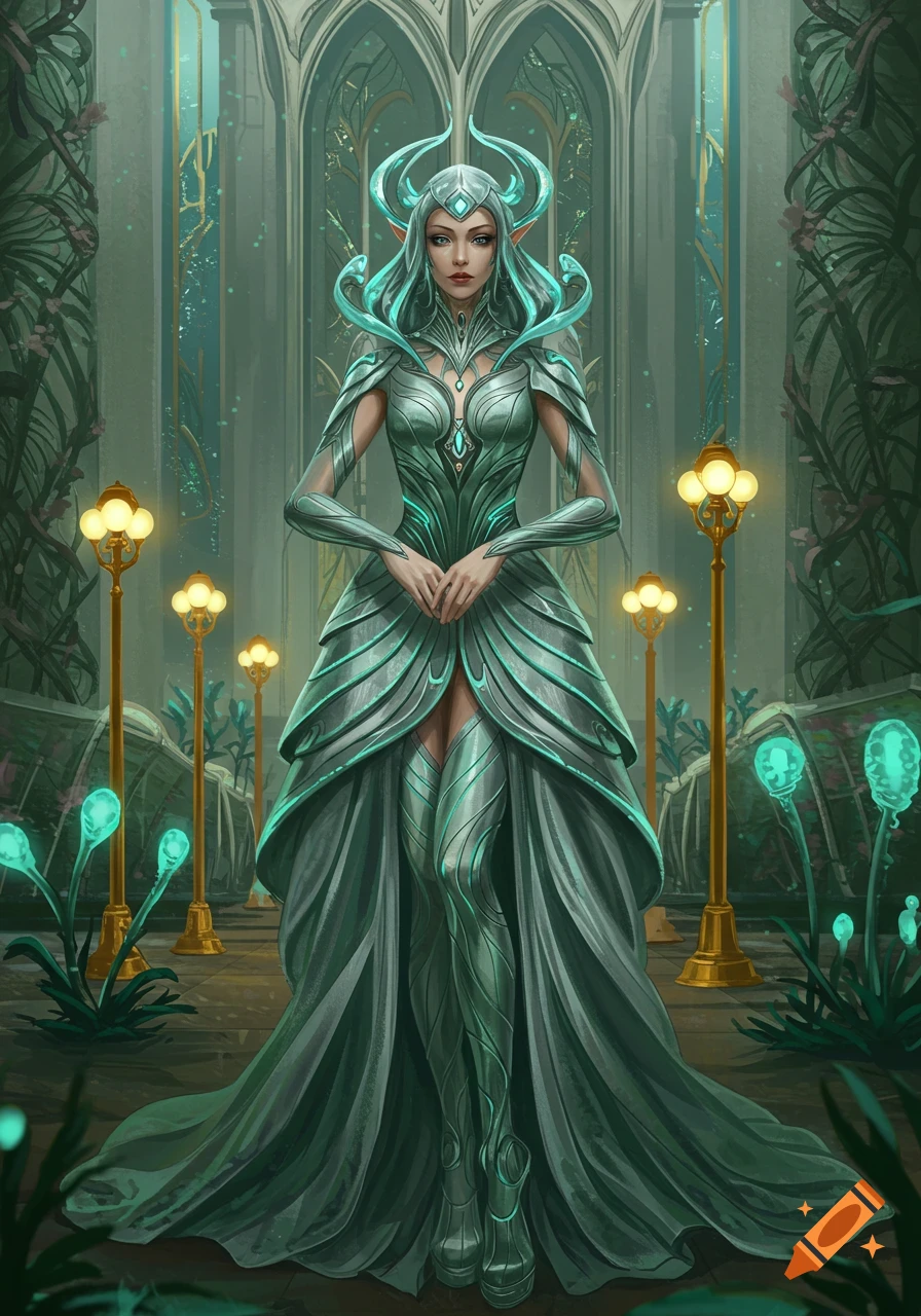 Ethereal elf-like woman in a flowing teal and silver Art Nouveau gown and intricate headpiece stands in a grand, glowing hall.