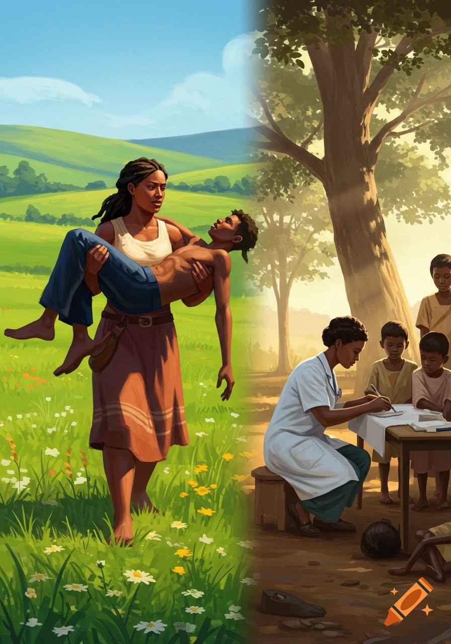 A split illustration shows a woman carrying a man through a field, and a dark-skinned doctor treating children under a tree.