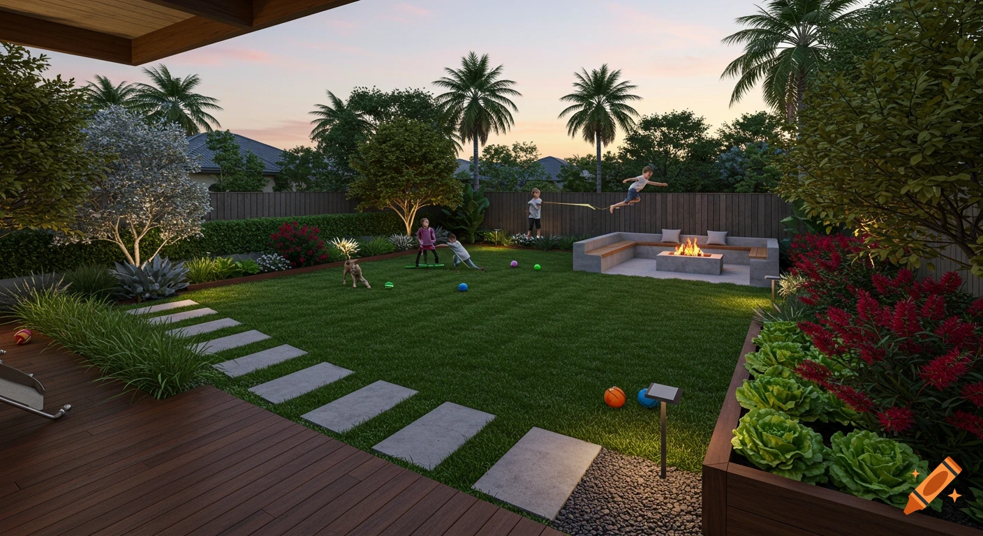 Photorealistic 3D render of a modern backyard at golden hour with children playing, a dog, a fire pit, timber deck, and lush landscaping.