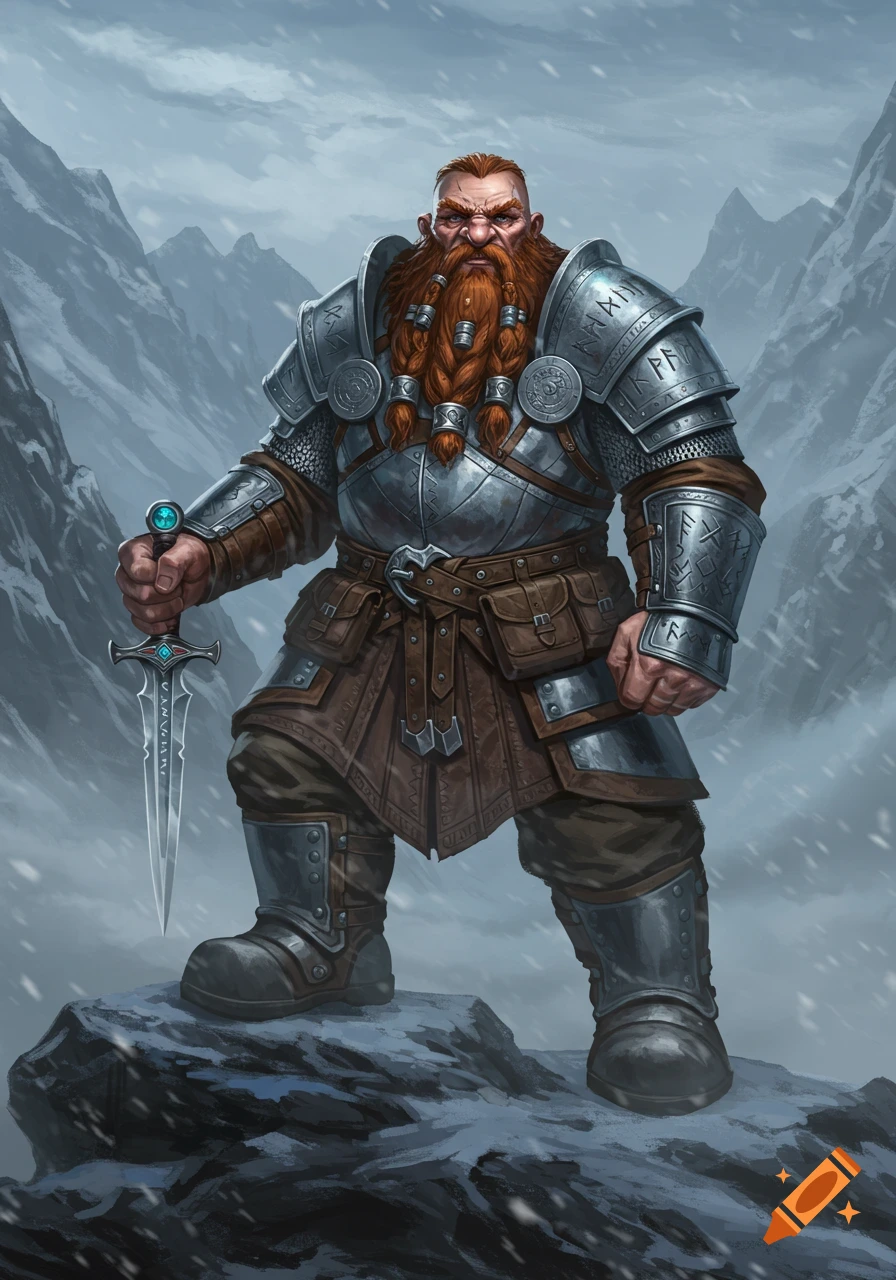 A heavily armored fantasy dwarf warrior with a red braided beard holds a dagger on a snowy mountain peak.