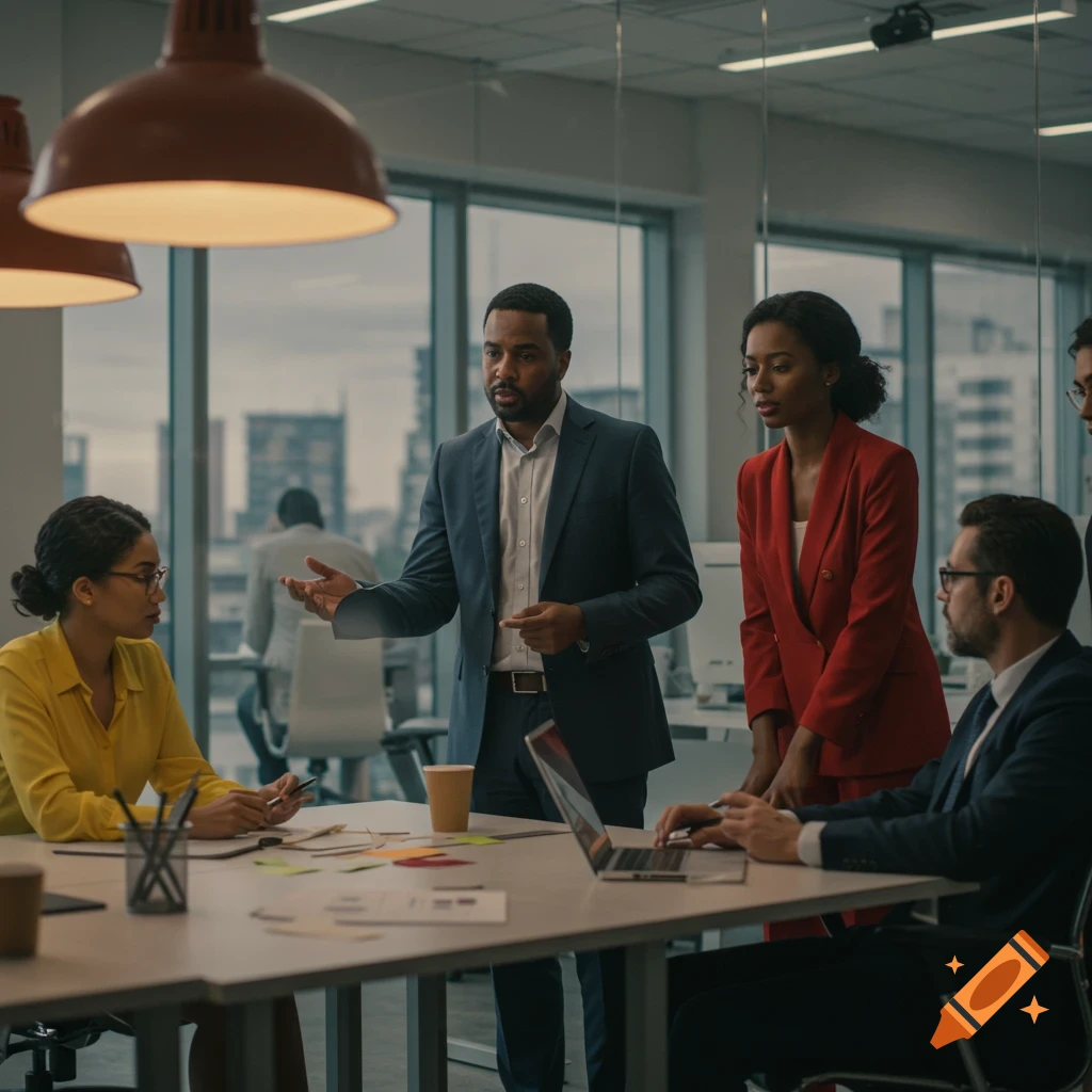 A diverse group of business professionals in a photorealistic modern office meeting, with a man presenting to the team.