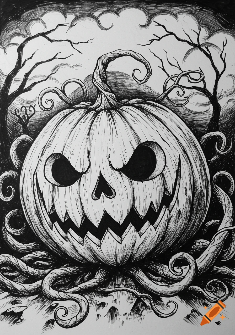 A black and white sketch of a spooky jack-o'-lantern with gnarled roots and branches, in a Tim Burton style.