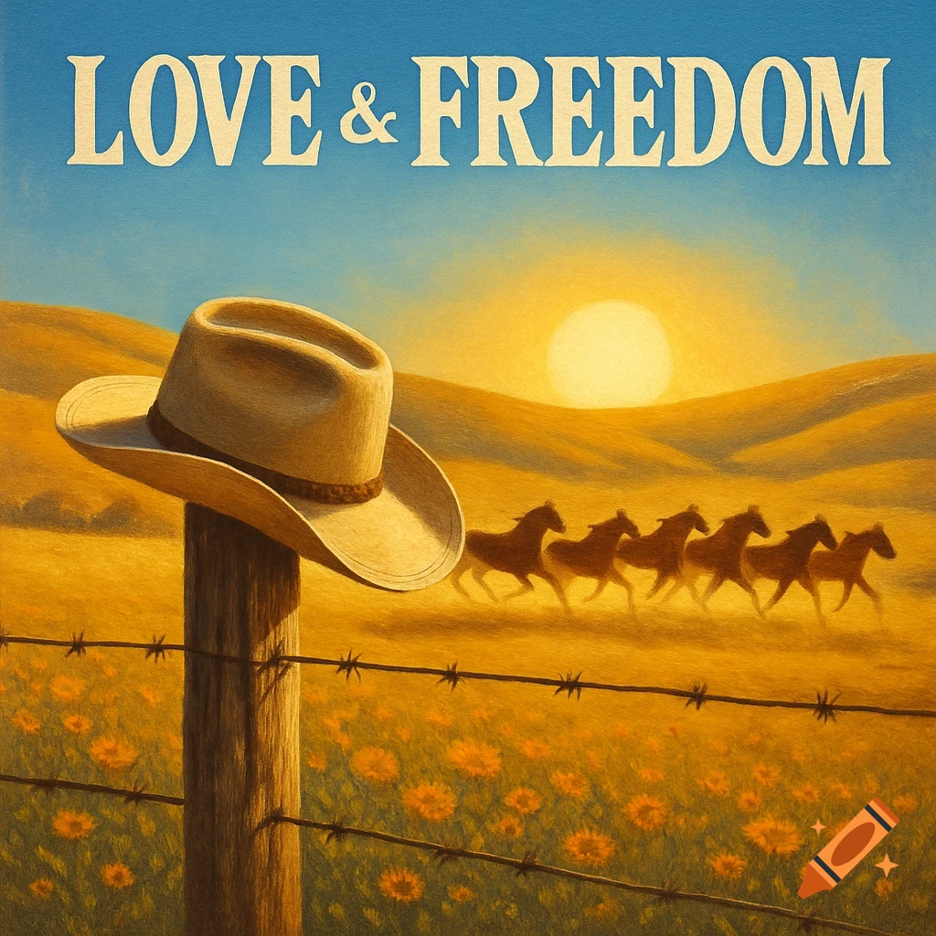 A painterly album cover featuring a cowboy hat on a fence post, wild horses running across a sunny prairie, and 'LOVE & FREEDOM' text.