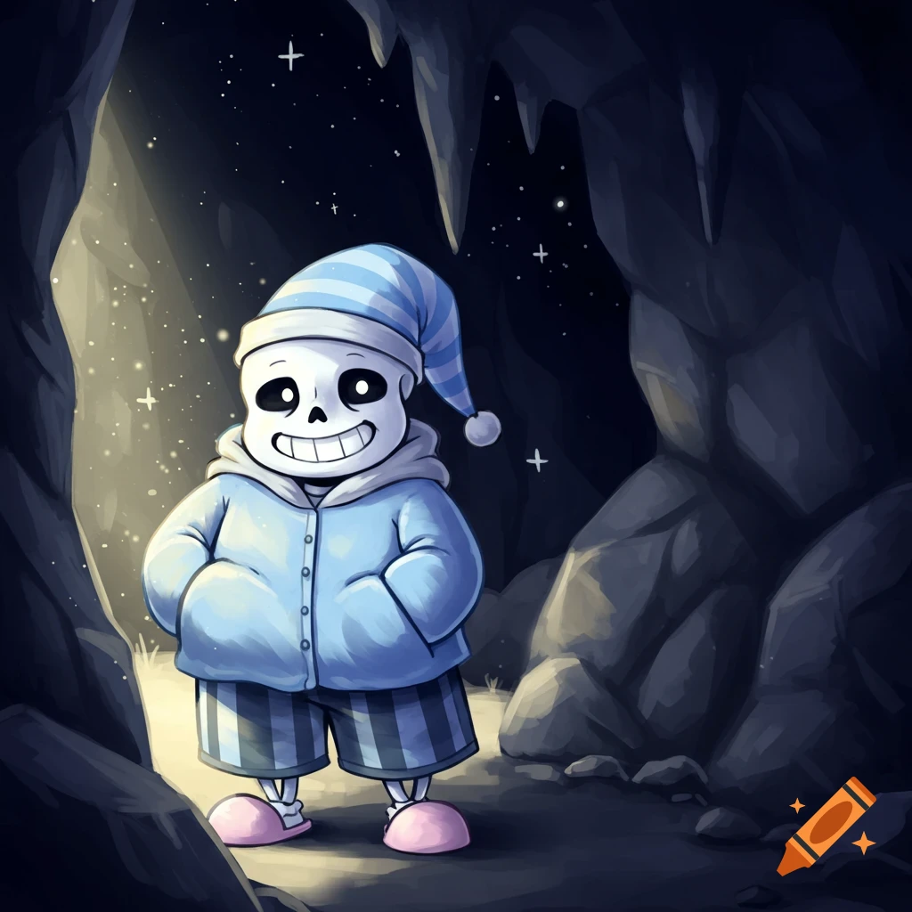 Sans, the skeleton character, wears a blue and white nightcap and pajamas, smiling in a glowing cave.