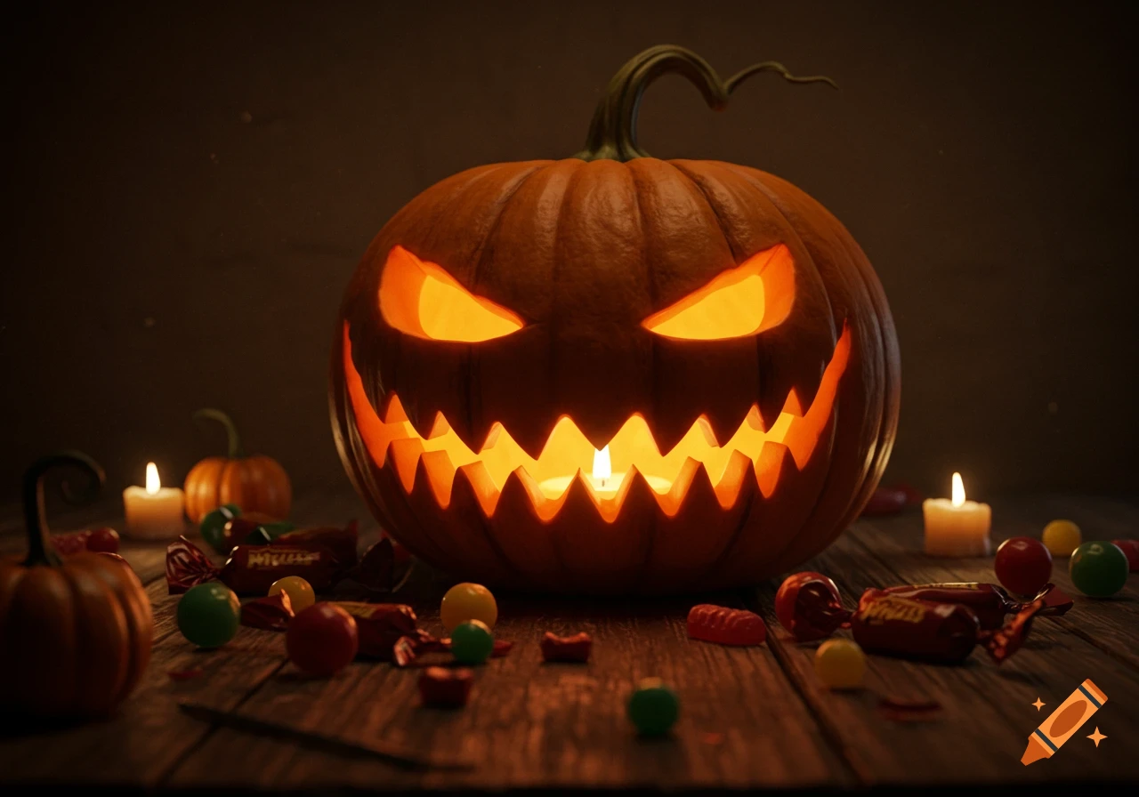 A glowing, carved jack-o'-lantern with menacing eyes and a jagged smile sits on a dark wooden table, surrounded by scattered candies and flickering candles. The scene is lit by the pumpkin's internal light, casting an eerie, warm glow.