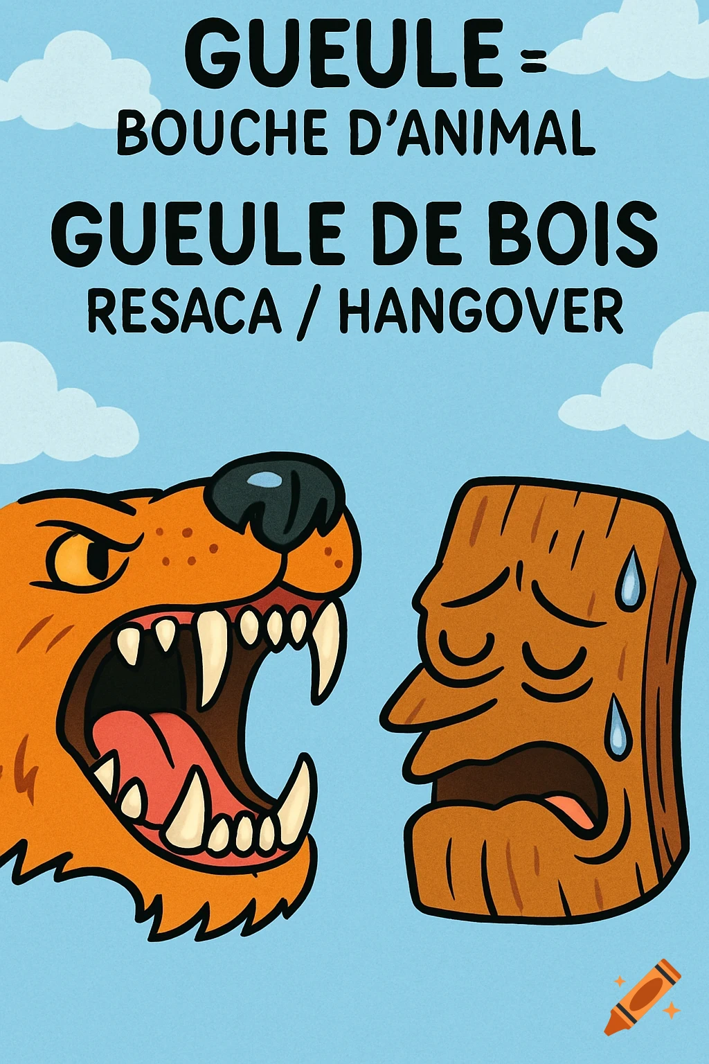 Cartoon of an angry animal mouth and a pained, sweating wooden face, illustrating French idioms 'Gueule' and 'Gueule de bois' with text explanations.