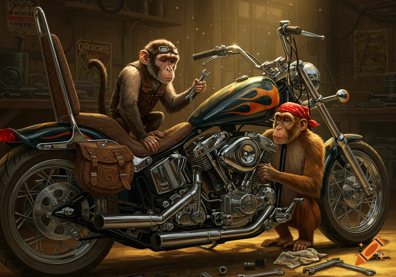 Two monkeys wearing vests and goggles repair a classic chopper motorcycle in a dimly lit garage.