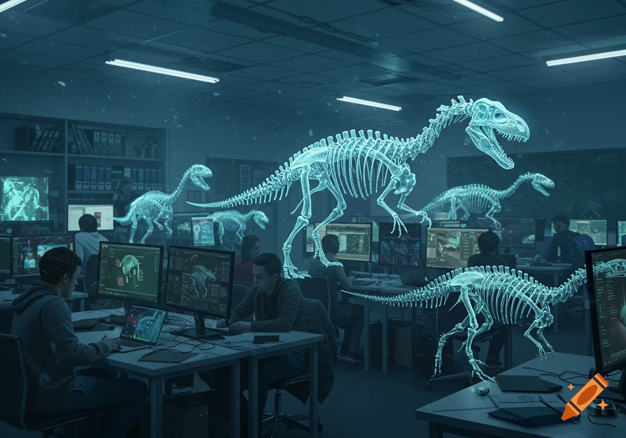 A dimly lit computer lab with students working at desks, surrounded by glowing holographic dinosaur skeletons.