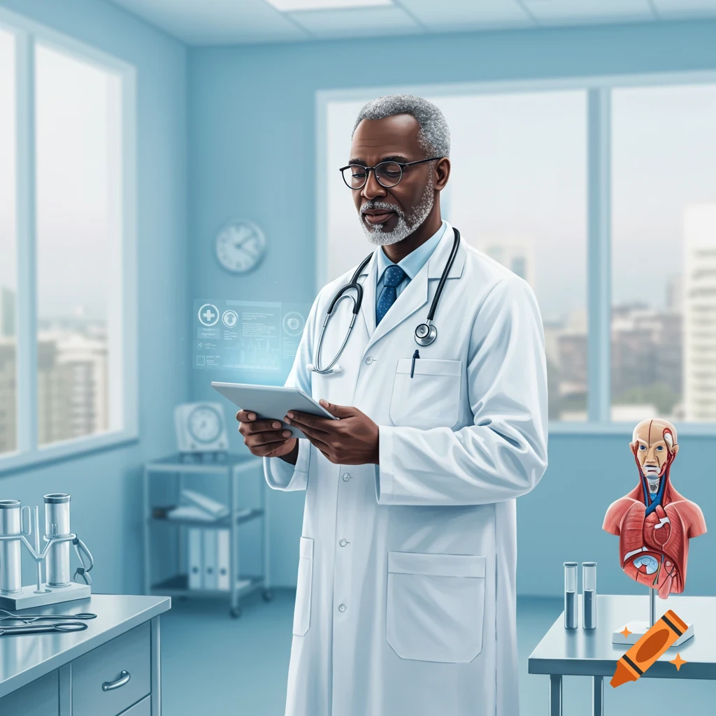 An older Black male doctor in a white lab coat examines a digital tablet with a holographic display in a modern medical office.