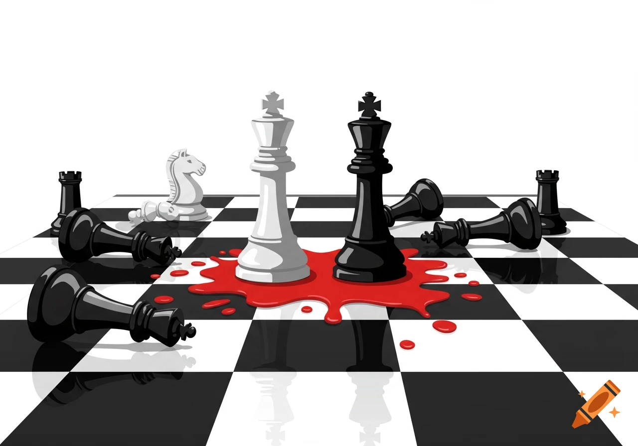 Stylized illustration of a white and black king standing in a pool of red liquid on a chessboard, surrounded by fallen chess pieces.
