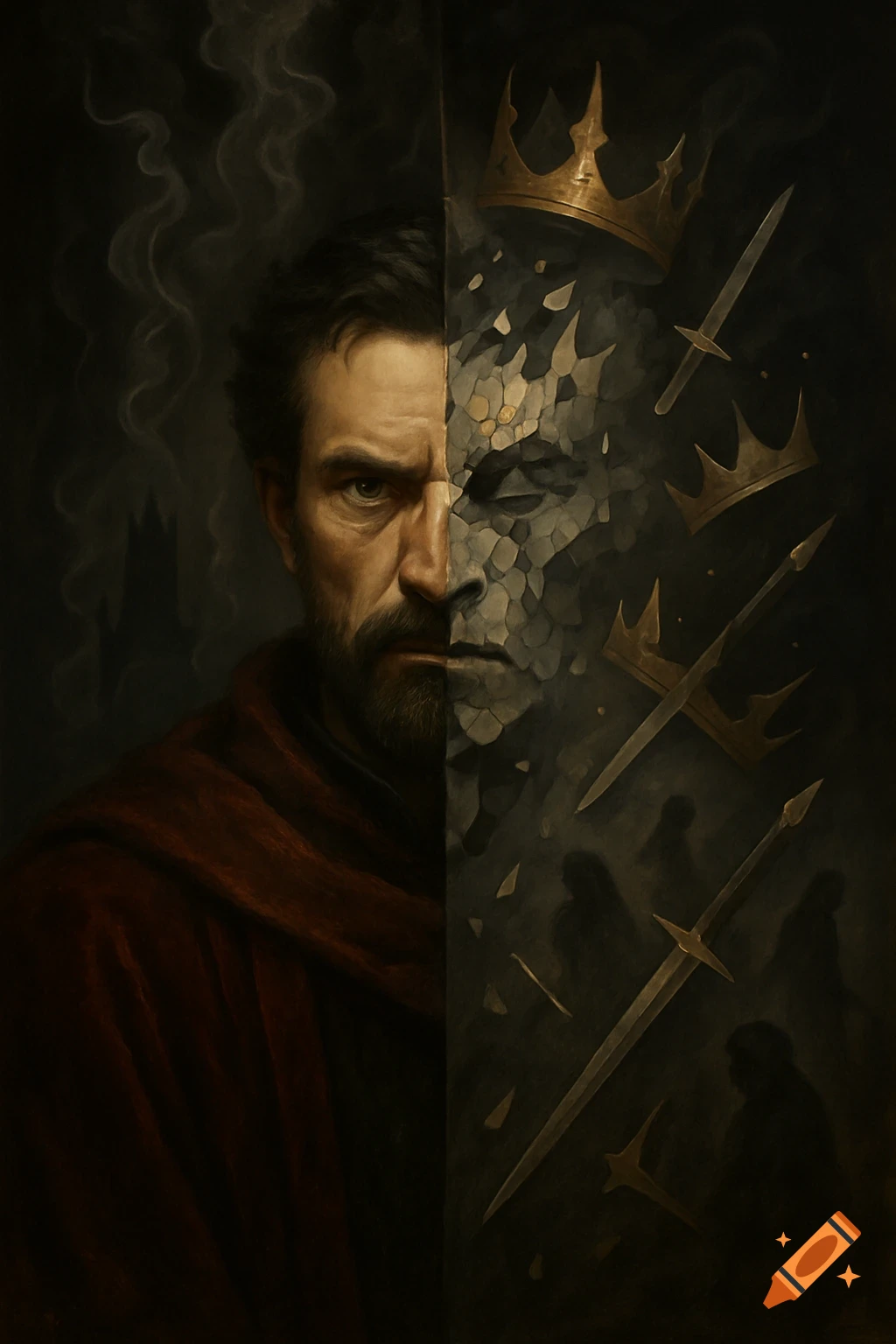 A dramatic painting of a man's face split down the middle; one half realistic, the other crumbling into stone with crowns and swords.