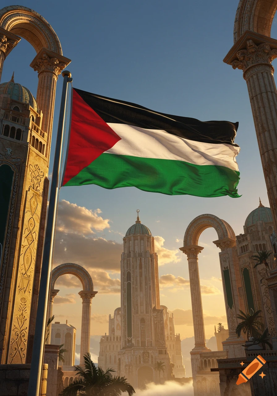 A Palestinian flag waves over an ornate city of grand pillars and domes at sunset.