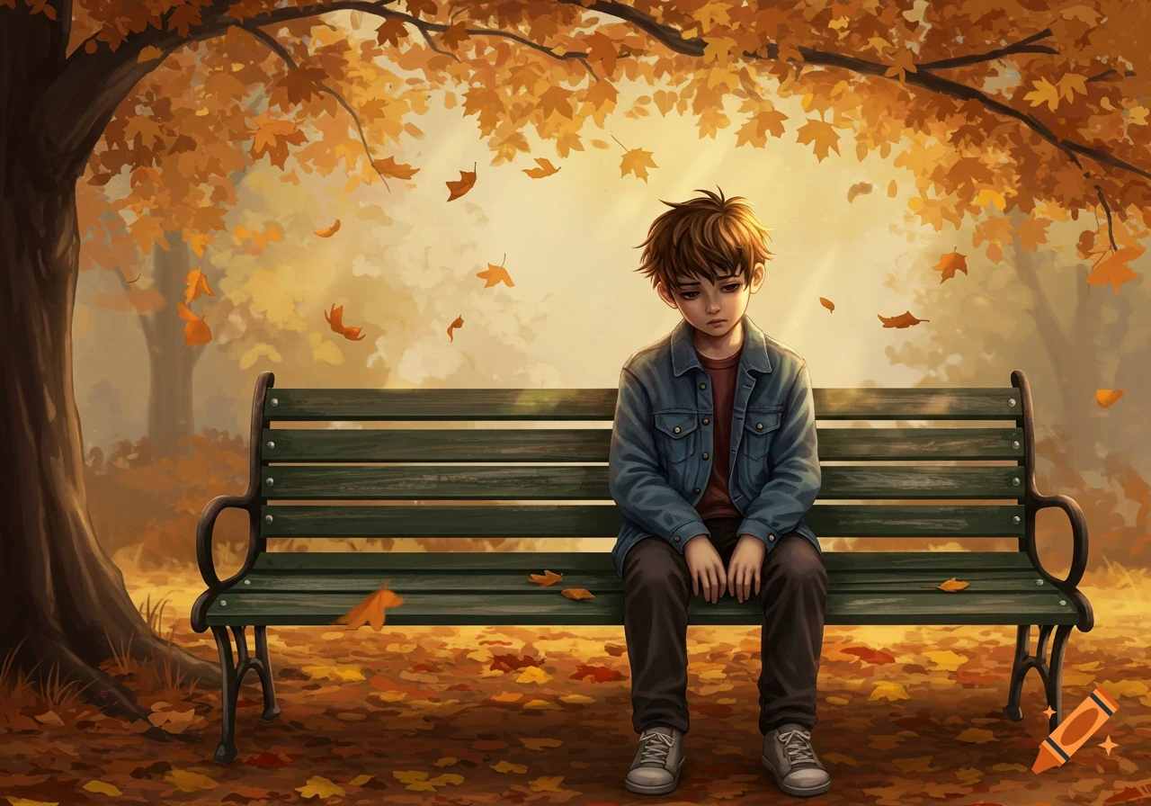 A sad boy sits alone on a green park bench surrounded by fallen autumn leaves and a large tree in a digital painting.