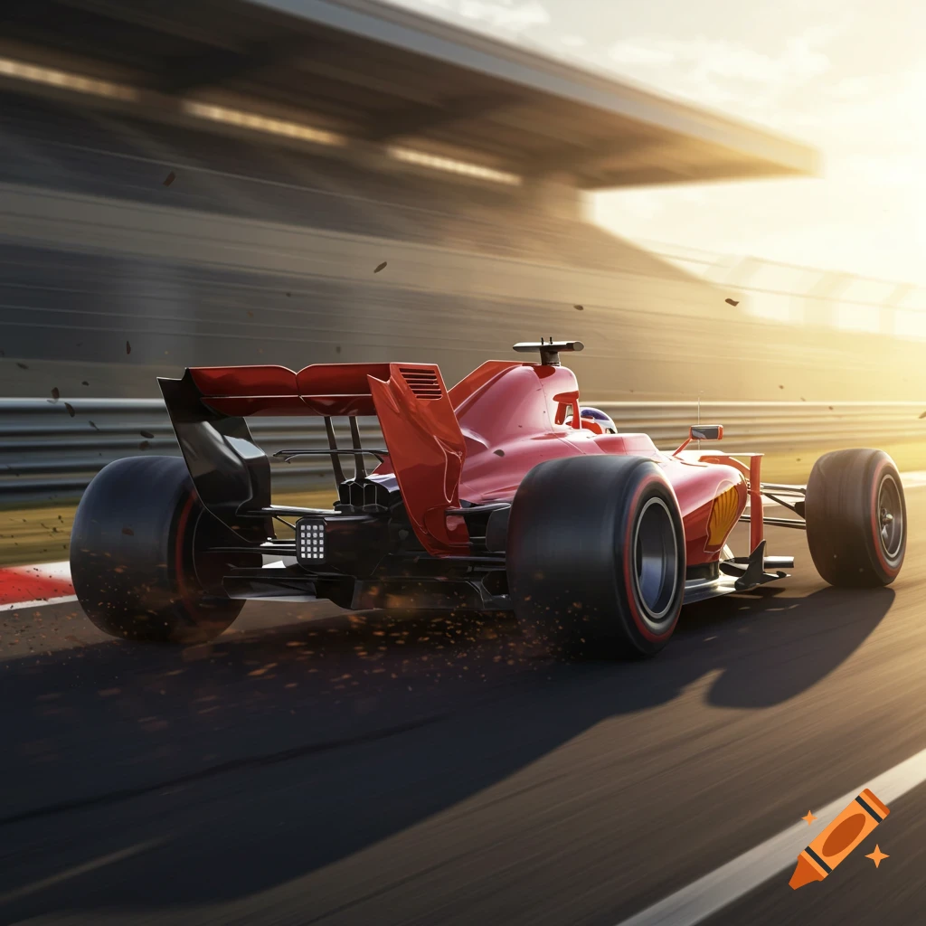 A low-angle shot of a red Formula 1 race car speeding on a track at sunset, with motion blur and kicked-up debris.