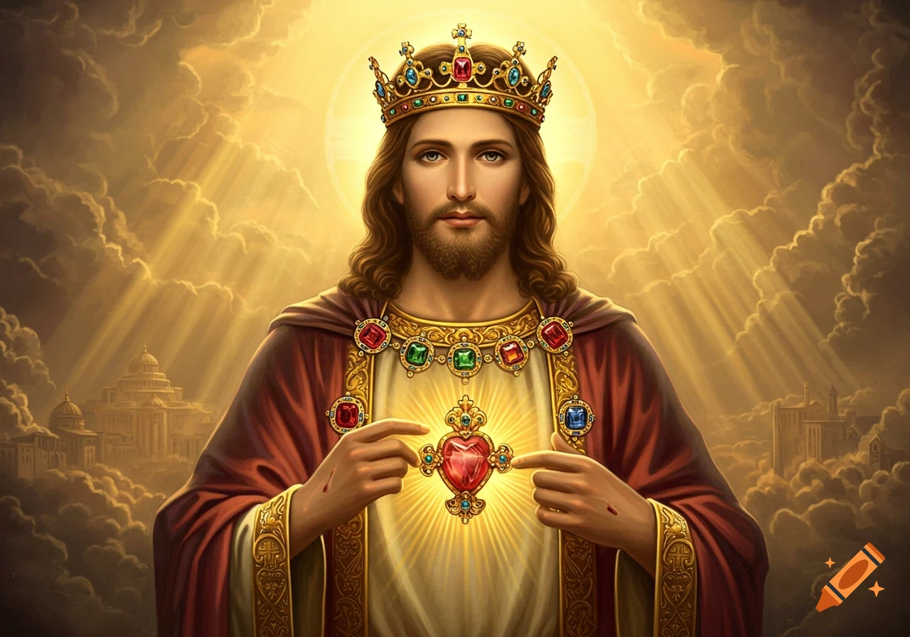 Jesus, wearing a jeweled crown and red robe, points to a glowing Sacred Heart on his chest, against a golden, cloud-filled sky.