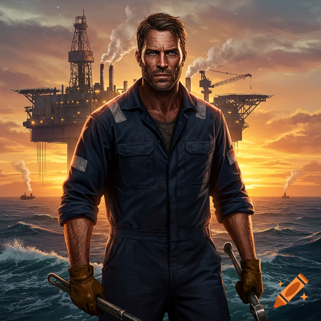 A rugged oil rig worker in dark blue coveralls stands in front of an oil platform at sunset, holding tools, with ocean waves around him.