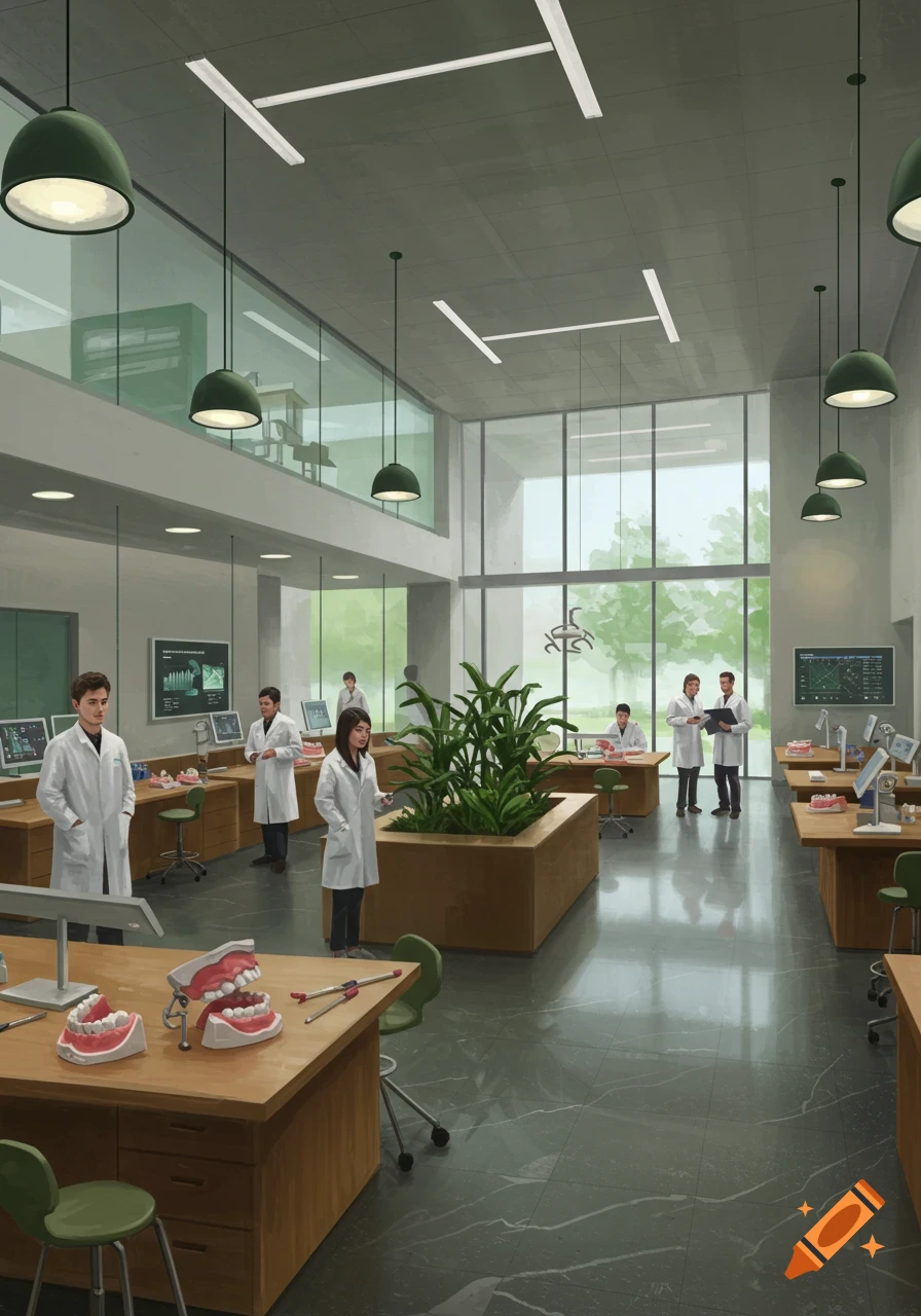 Modern painted illustration of a dental school classroom with students in lab coats, dental models on desks, and computer screens.