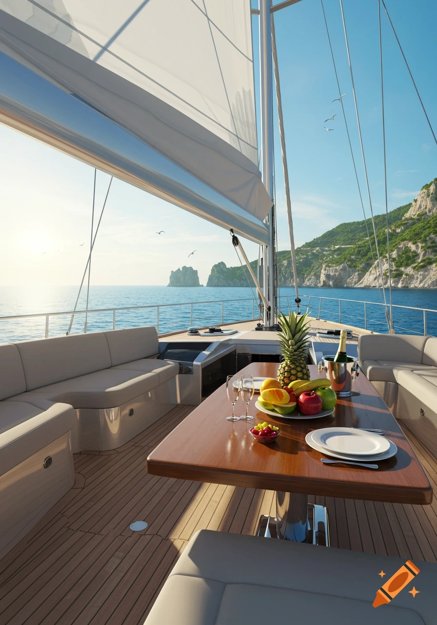 Photorealistic view from a yacht deck with a fruit and champagne table, overlooking the ocean and rocky cliffs.