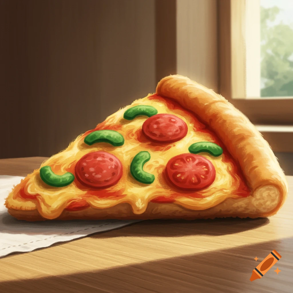 A stylized slice of pizza with pepperoni and green peppers sits on a wooden table next to a window.