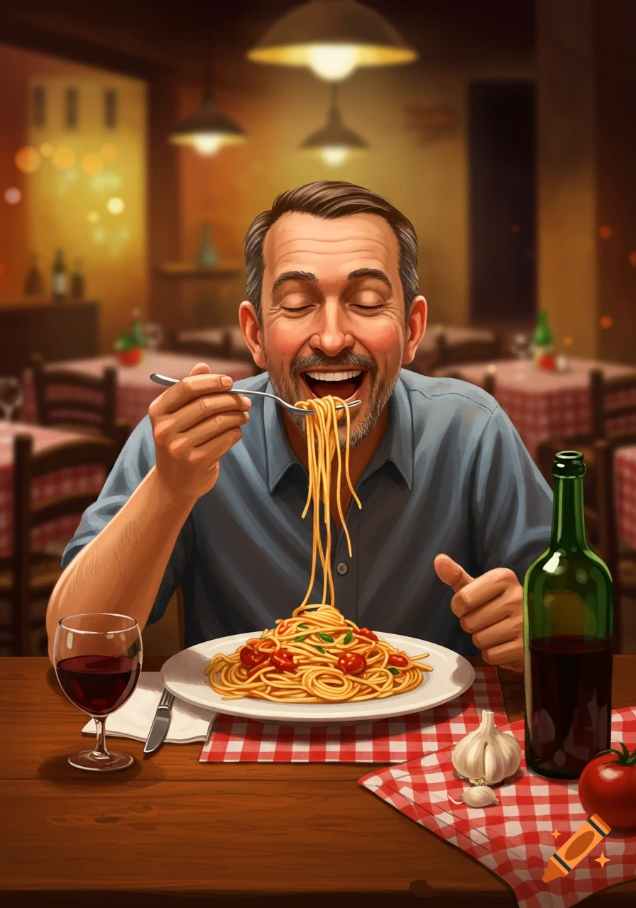 A happy man with closed eyes eats a mouthful of spaghetti from a fork in an Italian restaurant.