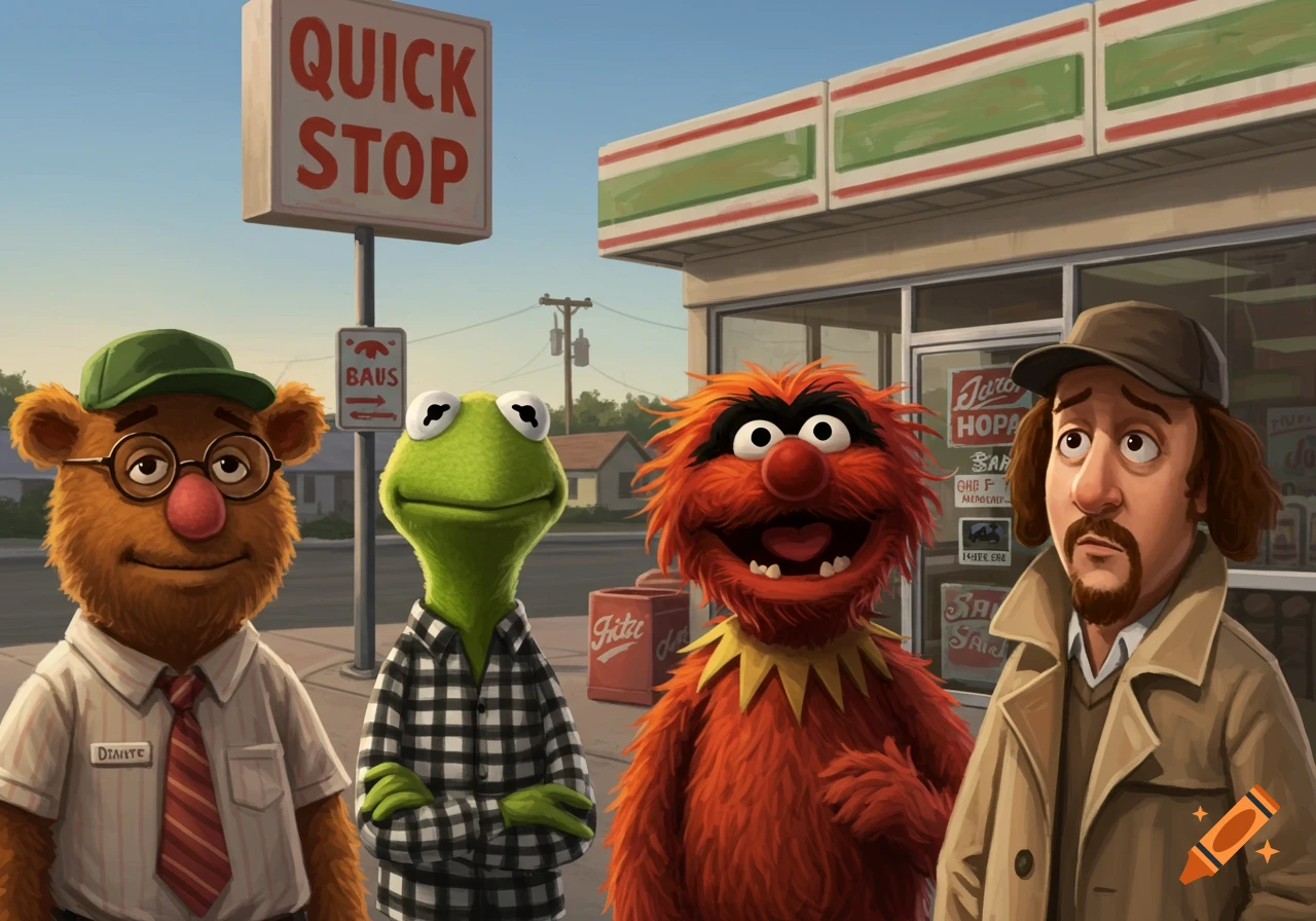 Fozzie the Bear as Dante, Kermit the Frog as Randal, Animal as Jay, and Silent Bob as himself, stand outside the Quick Stop convenience store.