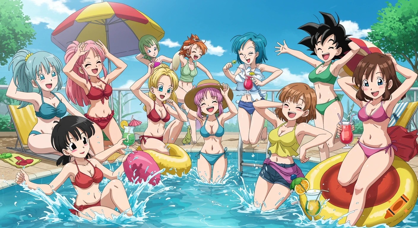 Anime-style illustration of Dragon Ball Z female characters happily playing and swimming in a bright blue pool with colorful swimsuits.