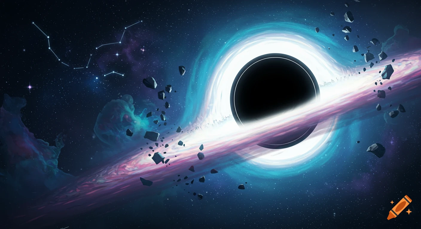 A stylized black hole with a bright, swirling blue and purple accretion disk, surrounded by stars and scattered asteroids in deep space.