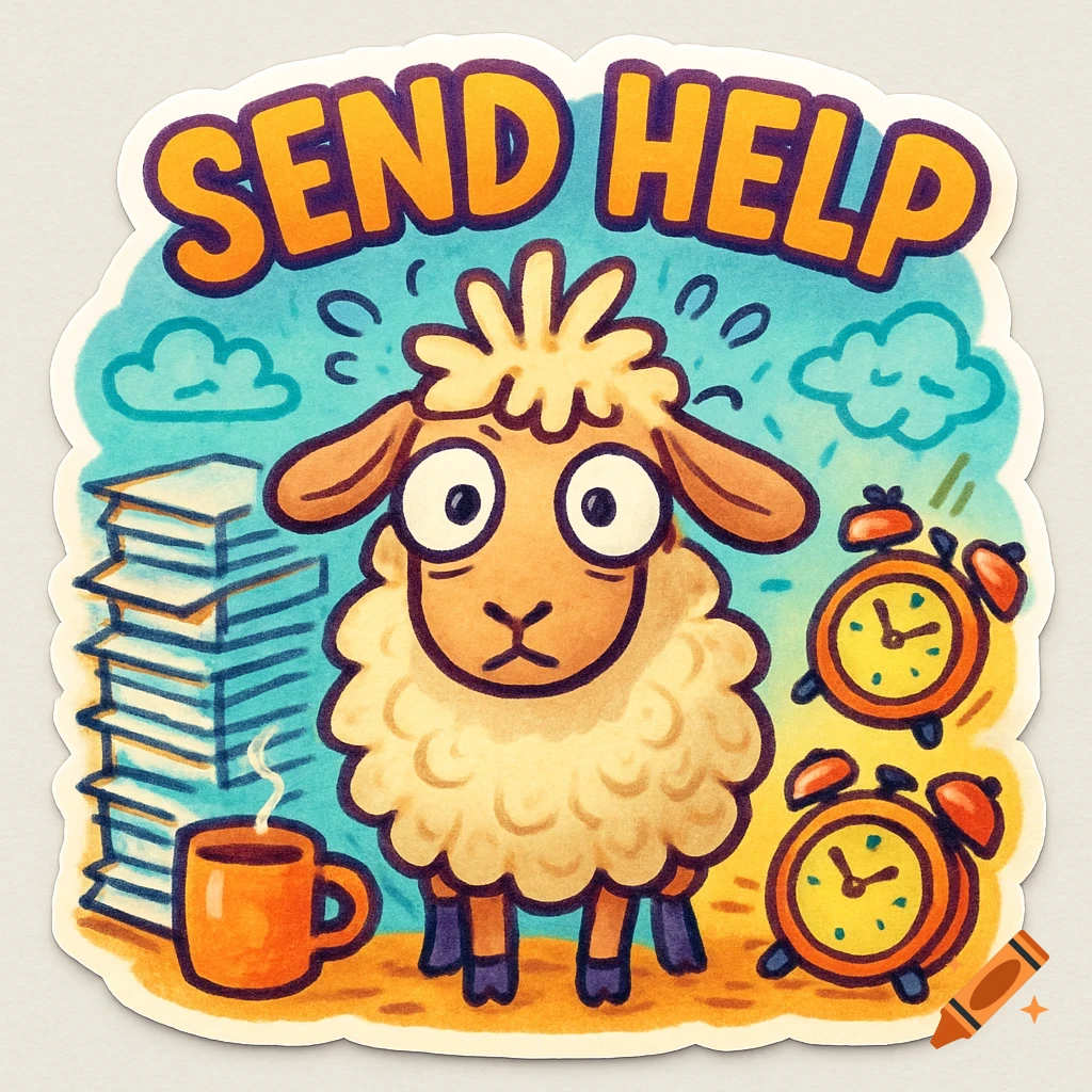 A cartoon sticker shows a wide-eyed, stressed sheep amidst a stack of papers, coffee, and alarm clocks, with the text 'SEND HELP'.