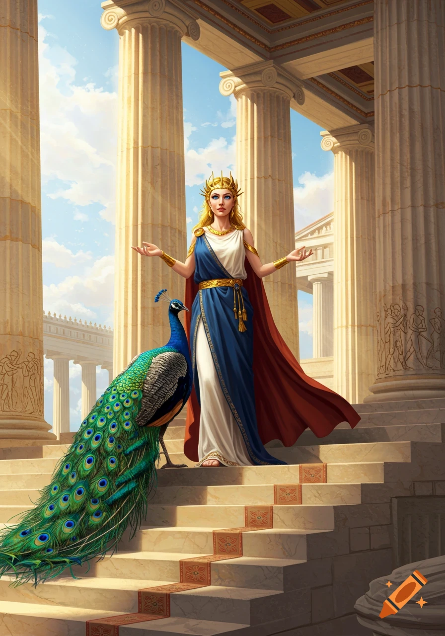 A woman in a blue and white toga-like dress and a golden crown stands on grand temple steps with a peacock beside her.