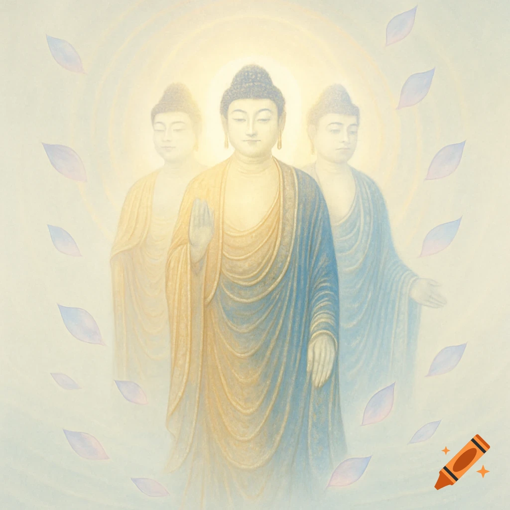 Three serene Buddhas in ethereal light, with the central figure raising a hand, surrounded by floating purple lotus petals.