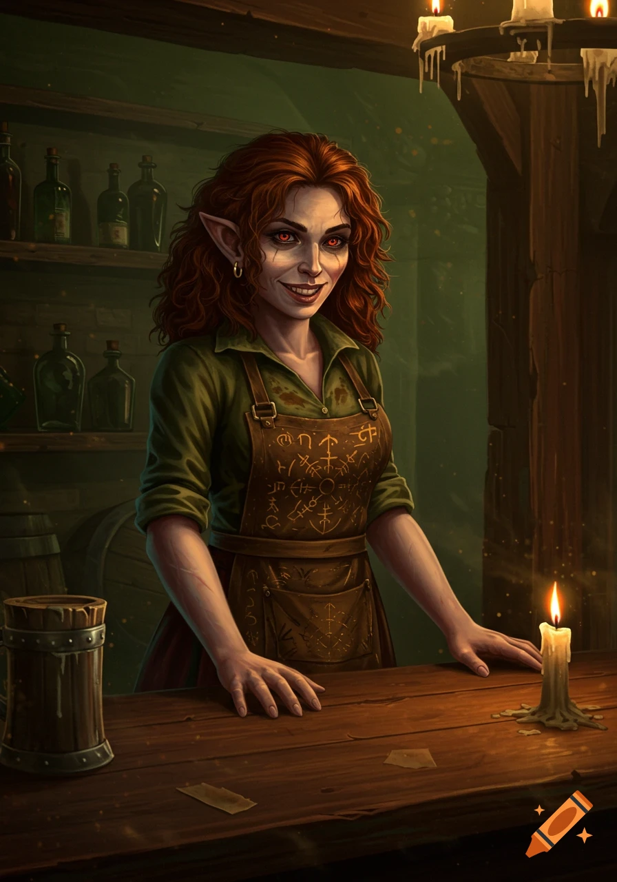 Photorealistic illustration of a creepy female elf barmaiden with red eyes and curly red hair, standing behind a bar in a dimly lit tavern.