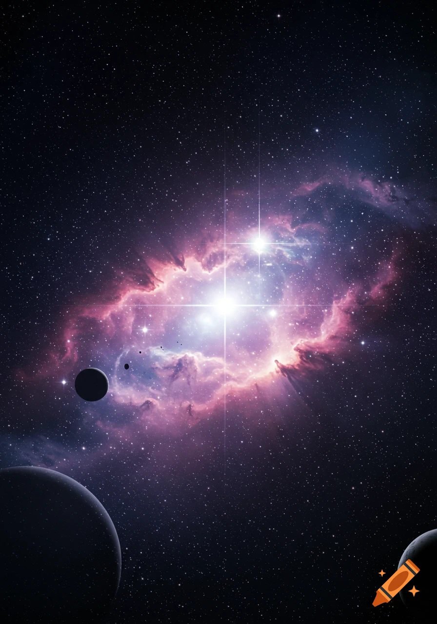 A vibrant nebula glowing pink and purple in deep space, with stars scattered and several dark planets in the foreground.