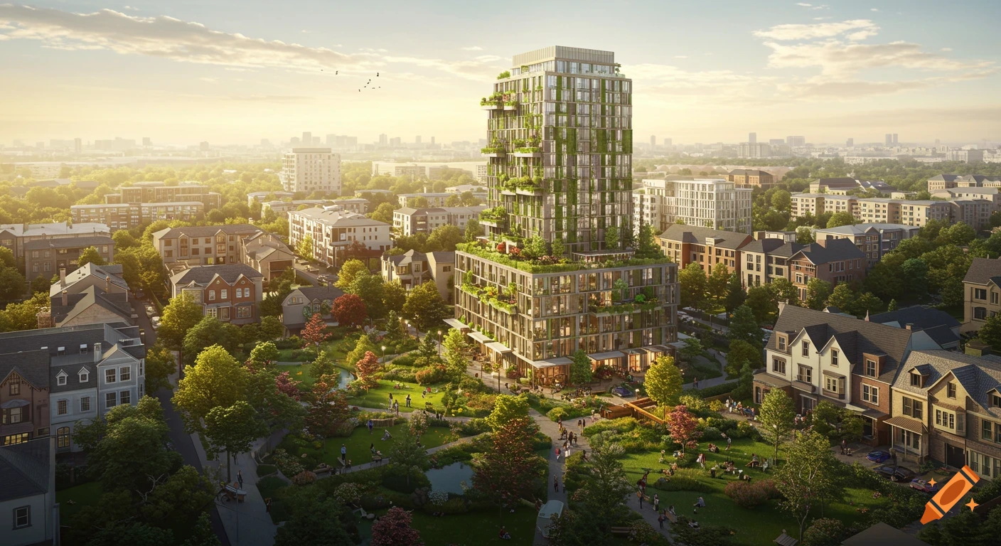 A tall, green, modern apartment building rises above a lush park and ...