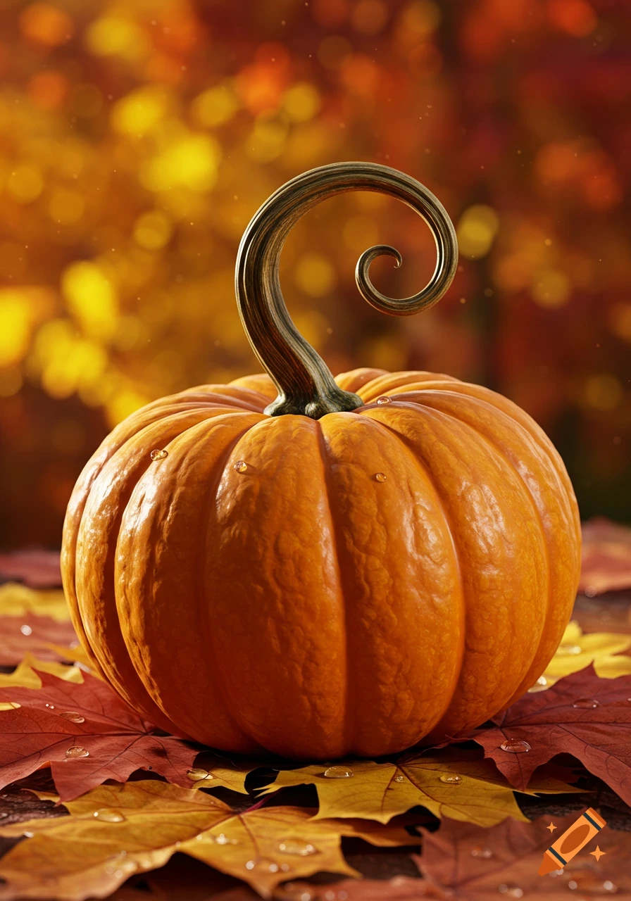 Photorealistic close-up of an orange pumpkin with a curly stem, resting on red and yellow autumn leaves with water droplets.