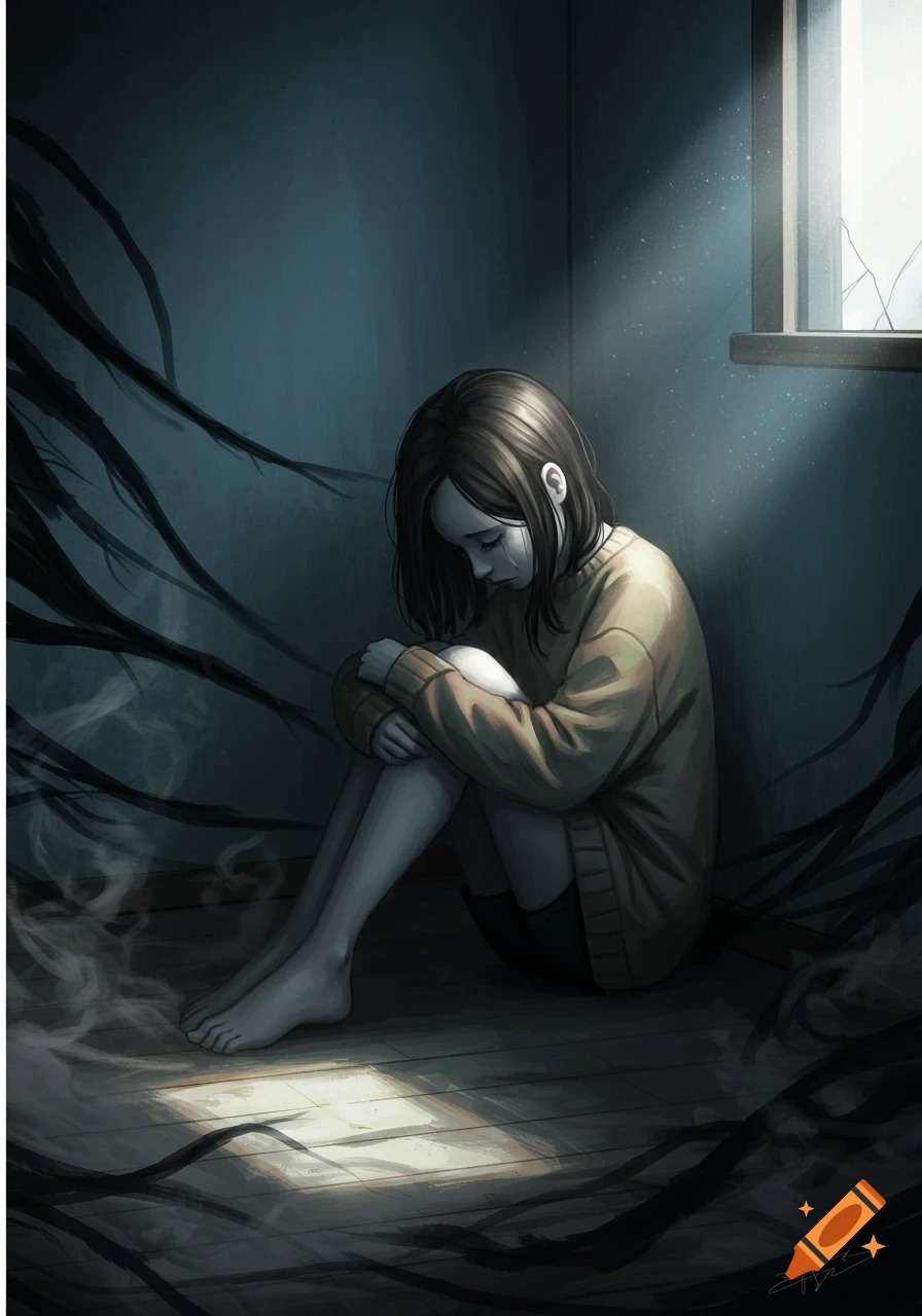 A somber drawing of a young girl with dark hair, wearing a long-sleeved shirt, sitting huddled and crying in the corner of a dimly lit room with tendrils and a broken window.