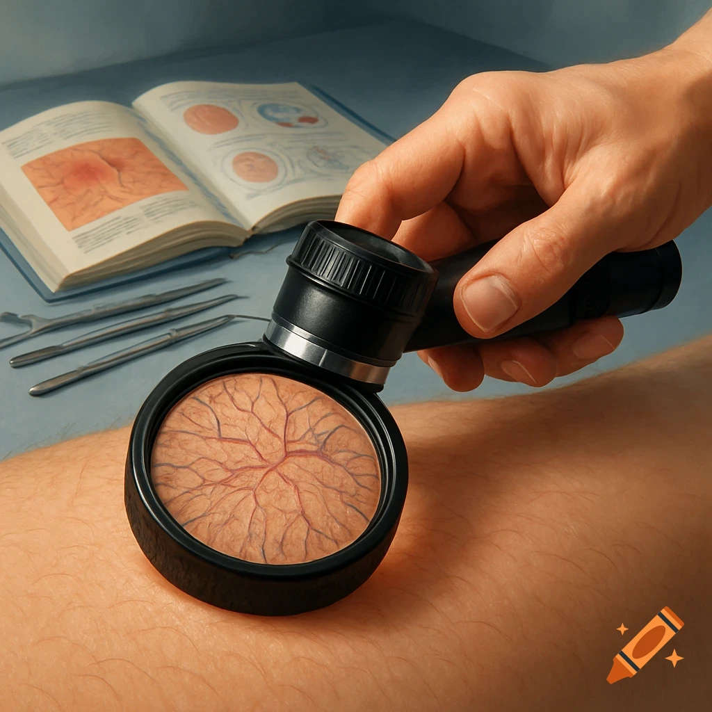A hand holding a dermatoscopy tool over an arm, showing magnified skin capillaries, with a medical textbook and instruments in the background.