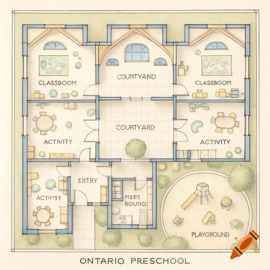 A 2D watercolor-style floor plan of an Ontario preschool, showing classrooms, activity rooms, courtyards, entry, and a playground.