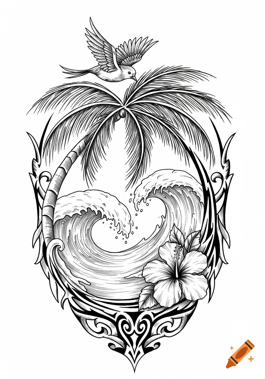 Black and white line art of a palm tree, waves, hibiscus, and a bird, framed by tribal patterns.
