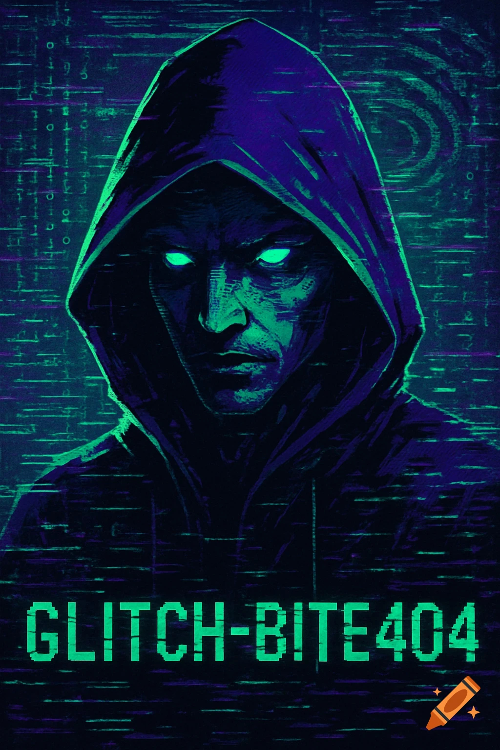 A dark, hooded hacker with glowing green eyes in a glitchy, neon green and purple digital art style, with the text GLITCH-BITE404.